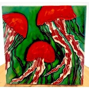 Colorful Art Tile Red Jellyfish Sea Life/Ocean Decorative Ceramic Signed 8"X8"